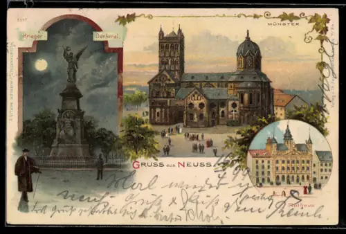 Lithographie Neuss, Münster, Kriegerdenkmal, Rathaus