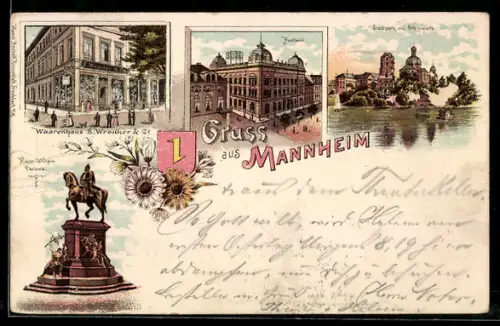 Lithographie Mannheim, Warenhaus S. Wronker & Co., Bahnhof, Schloss, Reiterdenkmal