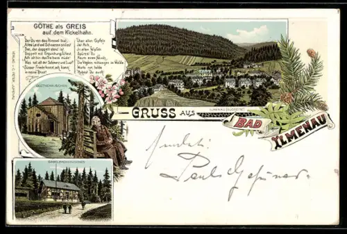 AK Bad Ilmenau, Gesamtansicht Südseite, Goethehäuschen, Gabelbachhäuschen
