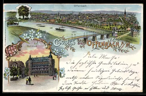 Künstler-AK Offenbach a. M., Teilansicht mit Brücke, Schloss