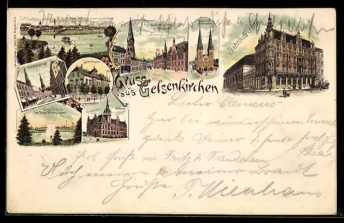 Lithographie Gelsenkirchen, Bahnhofs-Hotel, Rathaus, Landratsamt