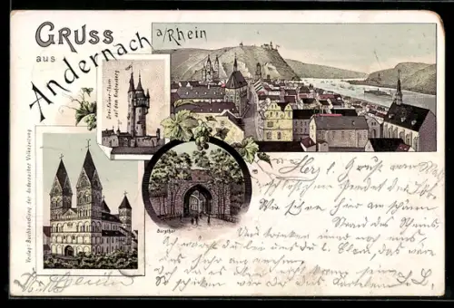 Lithographie Andernach a. Rhein, Kirche, Burgtor, Drei-Kaiser-Turm auf dem Krahnenberg