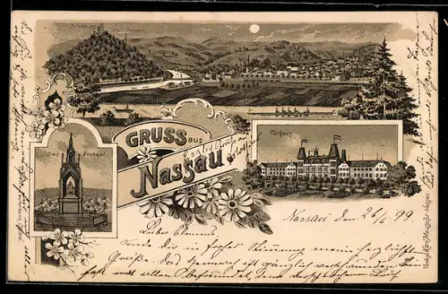 Lithographie Nassau, Kurhaus bei Mondschein, Teilansicht mit Burg Nassau und Stein-Denkmal