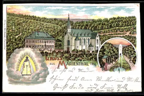 Lithographie Geisenheim, Kirche, Brunnen und Madonna