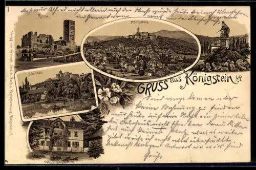 Lithographie Königstein, Ruine, Panorama, Krieger-Denkmal, Hainbad