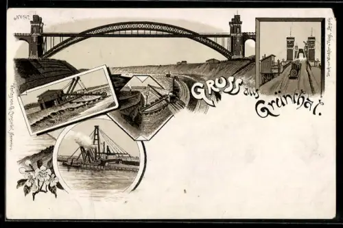Lithographie Grünental / Kiel, Hochbrücke, Eisenbahn, Ortspartie