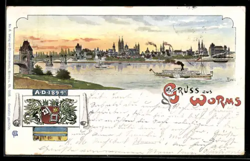 Künstler-AK Worms, Ortsansicht mit Schiffen auf dem Wasser