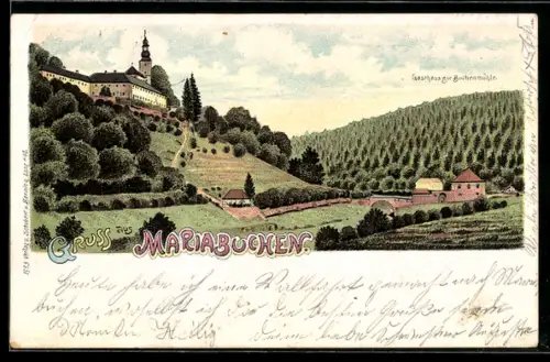 Lithographie Mariabuchen, Gasthaus zur Buchenmühle und Schloss
