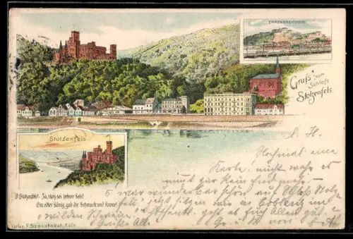 Lithographie Stolzenfels, Schloss Stolzenfels mit Ehrenbreitstein