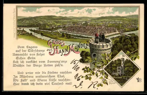 Lithographie Hann. Münden, Tilly-Schanze, Totalansicht