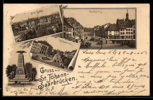 Lithographie St. Johann-Saarbrücken, Neue Brücke, Marktplatz, Reichsstrasse
