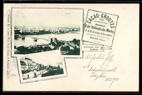 AK Koblenz, Strasse am Rhein mit Hotel Bellevue und Passanten, Panorama, Reklame für Kakao-Grootes