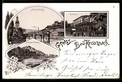 Lithographie Bad Kreuznach, Nahebrücke, Curhaus, Münster am Stein