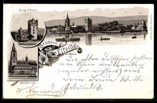 Lithographie Eltville am Rhein, Uferpartie, Burg Eltville, Stadtkirche