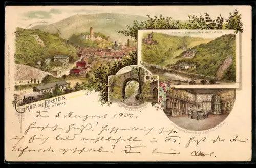 Lithographie Eppstein / Taunus, Burg Eppstein, Bergpark d. Herrn Alfred v. Neufville, Altdeutsches Zimmer im Bergfried