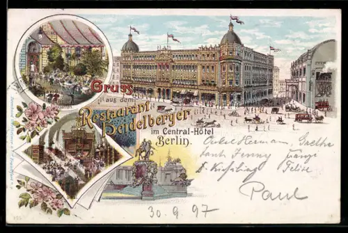 Lithographie Berlin, Restaurant Heidelberger im Central-Hotel neben dem Bahnhof Friedrichstrasse