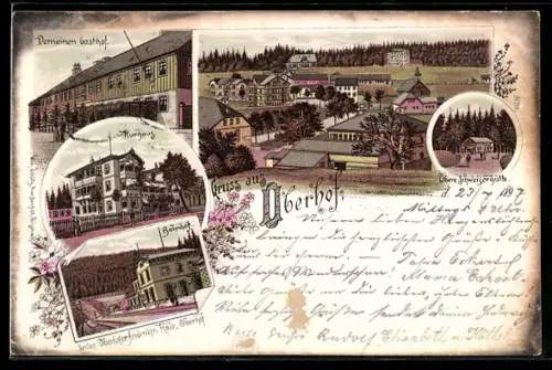 Lithographie Oberhof / Thüringen, Domainen-Gasthof, Bahnhof, Gesamtansicht