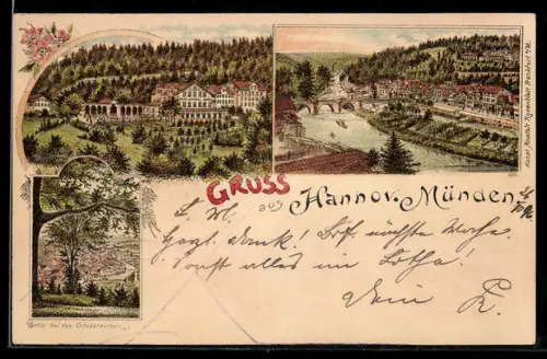 Lithographie Hannov. Münden, Pension Andrees Berg, Uferpartie, Ortspartie