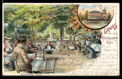 Lithographie Köln-Neustadt, Gruss aus dem Stadtgarten, Nachmittag-Cafe
