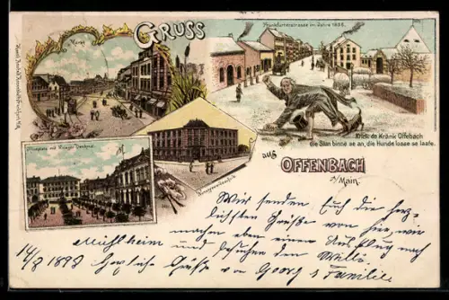 Lithographie Offenbach a. Main, Kunstgewerbeschule, Markt, Frankfurterstrasse im Jahre 1836