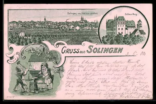 Lithographie Solingen, Teilansicht von Feld aus gesehen, Schloss Burg, Zwerge in der Schmiede