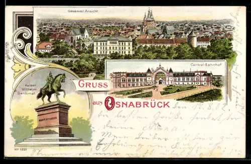 Lithographie Osnabrück, Gesamtansicht, Central-Bahnhof, Kaiser Wilhelm-Denkmal