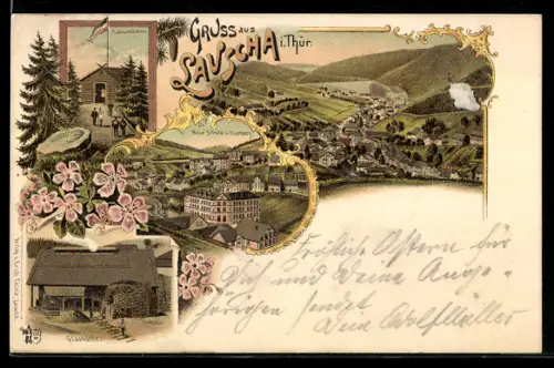 Lithographie Lauscha i. Thür., Neue Schule und Tierberg, Lauschenstein, Glashütte