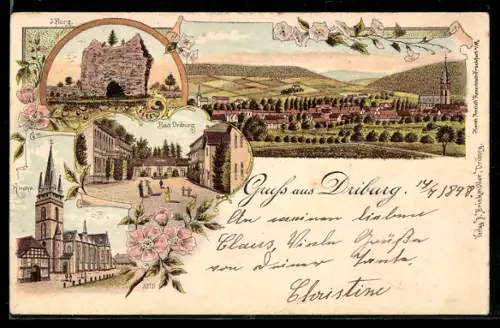Lithographie Driburg, Bad, J. Burg, Kirche