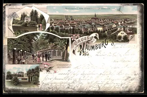 Lithographie Naumburg a. S., Restaurant Bürgergarten, Pavillon, Fontaine