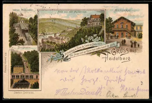 Lithographie Heidelberg, Gasthaus Molkenkur, Bahnhof, Bergbahn