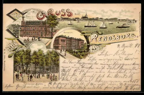 Lithographie Rendsburg, Gasthaus Nobiskrüger Gehölz, Post, Gymnasium