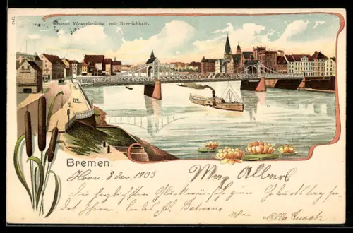 Lithographie Bremen, Grosse Weserbrücke mit Herrlichkeit