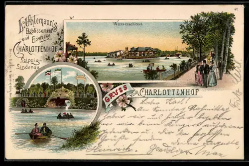 Lithographie Leipzig-Lindenau, Gsthaus und Eiswerke Charlottenhof, Wasserschloss, Brücke