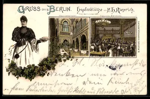 Lithographie Berlin, Gasthaus Hopfenblüte, Unter den LInden 27, Innenansichten Maurische Hallen & Altdeutsche Bierstube