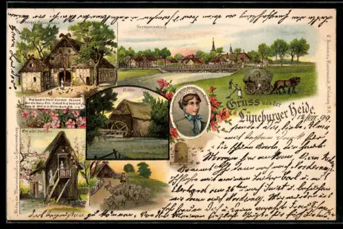Lithographie Hermannsburg /Lüneburger Heide, Teilansicht, Mühle, Alter Speicher