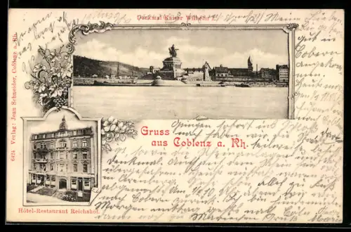 AK Coblenz a. Rh., Hotel-Restaurant Reichshof, Denkmal Kaiser Wilhelm I.