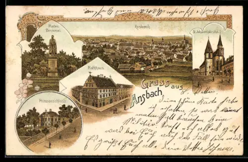 Lithographie Ansbach, Prinzenschloss, Rathaus, St. Johanniskirche
