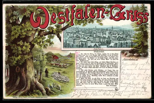 Lithographie Iserlohn /Westfalen, Teilansicht, Hirte mit Schafen