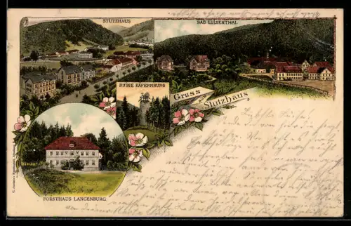 Lithographie Bad Luisenthal, Forsthaus Langenburg, Stutzhaus, Ortspartie