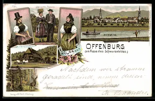 Lithographie Offenburg /Schwarzwald, Schwarzwälder Bauernhaus, Schwarzwälder Volkstrachten, Kinzig