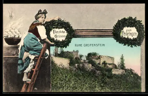 AK Greifenstein /Thüringen, Ruine Greifenstein, Frau hängt Kranz auf, Passepartout