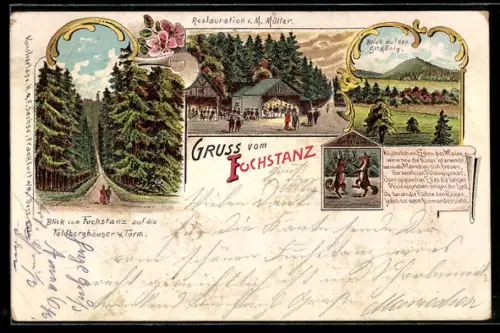 Lithographie Königstein i. T., Restaurant Fuchstanz, Blick auf den Altkönig, Strassenpartie