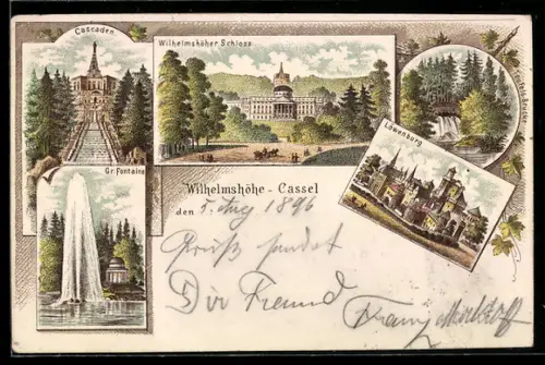 Lithographie Kassel-Wilhelmshöhe, Wilhelmshöher Schloss, Löwenburg, Cascaden