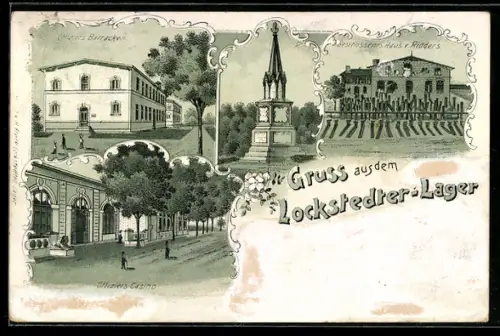 Lithographie Lockstedter-Lager, Offiziers-Casino, Offiziers-Baracken, Beschossenes Haus v. Ridders