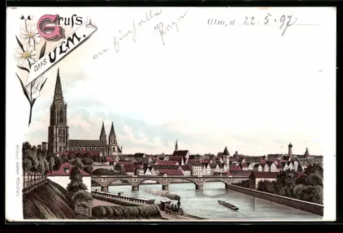 Lithographie Ulm, Teilansicht mit Kirche