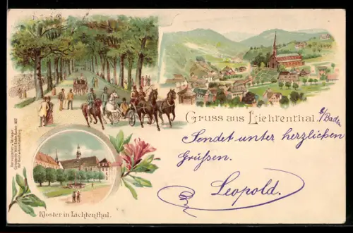 Lithographie Lichtenthal, Panorama, Allee mit Pferdekutschen & Kloster