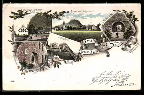 Lithographie Singen, Gasthaus auf halber Höhe, Zeughaus, Eugenstor