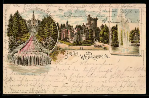 Lithographie Kassel-Wilhelmshöhe, Herkules mit Cascaden, Grosse Fontaine