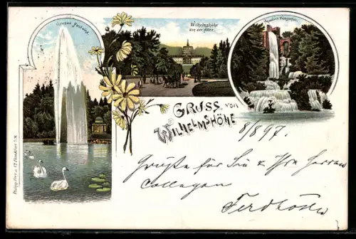 Lithographie Kassel, Wilhelmshöhe mit grosser Fontäne