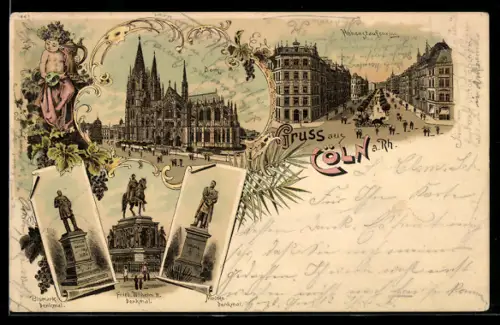 Lithographie Cöln a. Rh., Dom, Hohenstaufenring und Friedrich Wilhelm III Denkmal